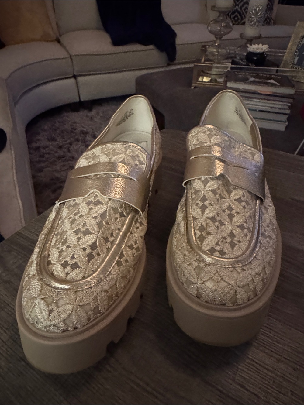 Franco Sarto Metallic Lace Platform Loafers in Gold